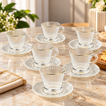 Premium Silver-Rimmed Ribbed Glass Tea Cup & Saucer Set High Quality Glassware
