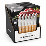 Danny Home 20.5cm Stainless Steel Serrated Steak Knife Set (6-Piece) with Natural Wooden Handles – Premium Table Cutlery