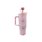 Soft Pink Ribbon & Bow 1.2L Stainless Steel Tumbler Pearl Beaded Coquette Travel Mug with Handle, Straw & Decorative 3D Bow Topper