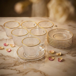 Premium Gold-Rimmed Embossed Pattern Clear Glass Kehwa & Espresso Cup and Saucer Set – 12Pcs (150ml)