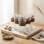 Luxury Fluted Glassware Set (6 Pcs) - Vertical Striped Drinking Glasses with Wooden Style Accent