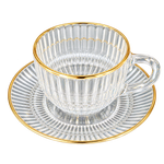 Premium Gold Rim 6-Piece Ribbed Glass Tea Cup and Saucer Set – 230ml Capacity