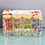 Premium Floral Bouquet Printed Glass Can Tumbler with Bamboo Lid & Straw Romantic "Rose Language" Cold Beverage Sipper Cup