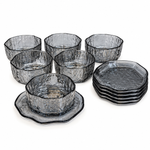 Modern Smoky Black Glass Compote Bowl Set of 12 (6 Bowls + 6 Saucers) – 250ml Hammered Glass Dessert Bowls
