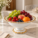 Danny Home Luxury 8-Inch Ceramic Pedestal Fruit Bowl with Ornate Gold Rim & Openwork Lace Trim – Elegant Centerpiece Tray