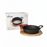 Danny Home Pre-Seasoned Cast Iron Round Sizzler Pan with Wooden Underliner Base (18x4.3cm) - ZYB200