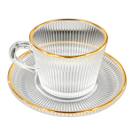 Luxury Gold Rimmed Vertical Ribbed Glass Tea & Cappuccino Cup Set with Matching Saucers