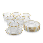 Luxury 12-Piece Gold-Rimmed Diamond Cut Glass Tea Cup & Saucer Set (6 Cups + 6 Saucers)