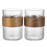 Danny Home Modern Hammered Glass Water Tumbler Set of 2 - Wooden Band Accent (310ml)