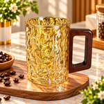 Stylish Amber Glass Drinking Cup with Wooden Handle