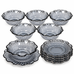 Modern Smoky Grey Striped Glass Piyali Bowl and Saucer Set