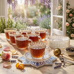 Luxury 12-Piece Gold-Rimmed Diamond Cut Glass Tea Cup & Saucer Set (6 Cups + 6 Saucers)