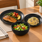 Danny Home Modern Matte Black 18-Piece Ceramic Dinnerware Set – Complete Service for 6 (Dinner Plates, Salad Plates & Bowls)