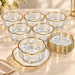 12-Piece Clear Glass Dessert Bowl & Saucer Set with Gold Rim (250ml) Elegant Compote Bowls for Ice Cream, Fruits, Pudding & Trifle