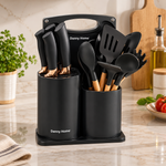 Danny Home Luxury 19-Piece Silicone Utensil &amp; Knife Block Set with Rose Gold Accents &amp; Cutting Board Holder