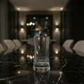 Clear glass tableware on a wooden stand with blurred background, featuring the brand 'Azad'.