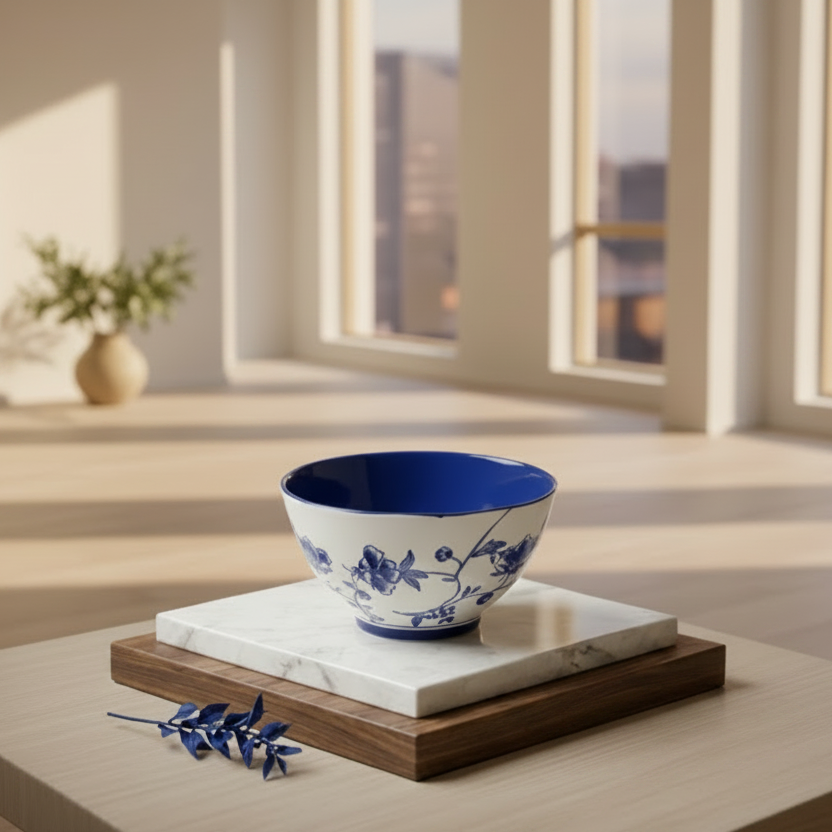Ceramic bowl with blue floral design on a marble slab, with a gold spoon and decorative elements in the background.