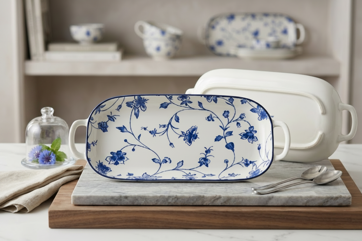 BR2017 Blue Peony 14"Oval Dish W-H 5-15c