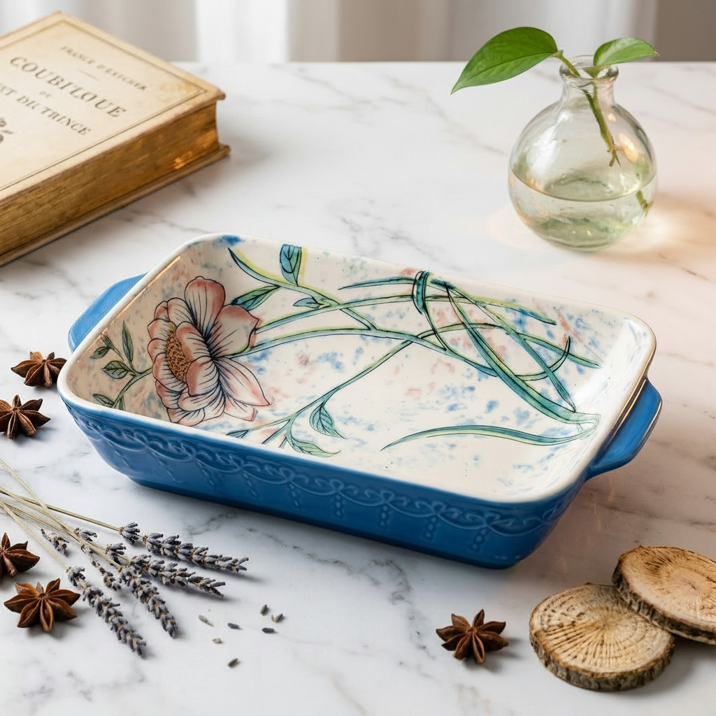 Decorative ceramic baking dish with floral design on a marble surface with cooking utensils and ingredients.