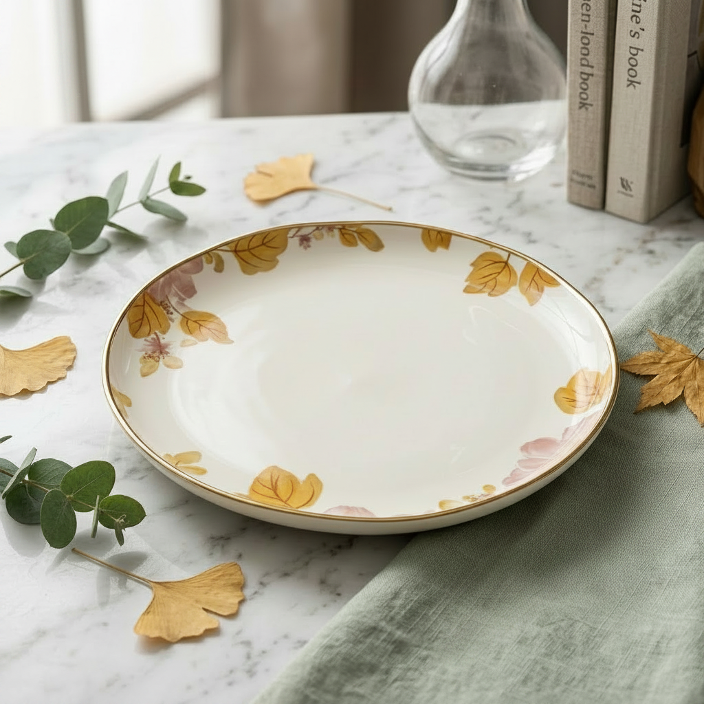 Decorative ceramic plate with floral design on a marble surface with leaves and a spoon.