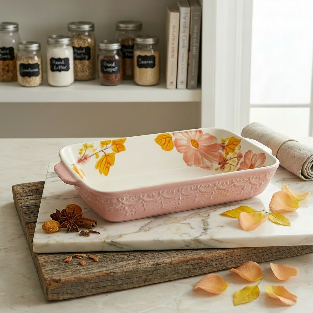 Decorative pink baking dish with floral design on a marble surface, surrounded by spices and books.