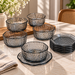Modern Smoky Black Glass Compote Bowl Set of 12 (6 Bowls + 6 Saucers) – 250ml Hammered Glass Dessert Bowls