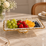 Danny Home Premium White & Gold Line Rectangular Ceramic Footed Tray – Elegant Royal Porcelain Dessert & Appetizer Serving Platter