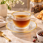 Luxury Gold Rimmed Vertical Ribbed Glass Tea & Cappuccino Cup Set with Matching Saucers