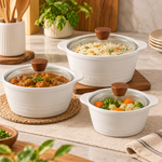 Danny Home Premium 6Pcs White Ceramic Soup & Stew Casserole Set (2.5L+1.5L+1L) – Heat-Resistant Bakeware Cookware Pots with Wooden-Finish Handles