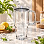 Premium Clear Glass Tumbler with Handle, Lid & Straw – 1 Litre | XF036