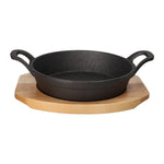 Danny Home Pre-Seasoned Cast Iron Round Sizzler Pan with Wooden Underliner Base (18x4.3cm) - ZYB200