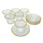 Luxury 12-Piece Gold-Rimmed Fluted Glass Tea Cup & Saucer Set (6 Cups + 6 Saucers)