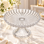 Premium Sunburst Ribbed Glass Cake Stand Footed Dessert Platter & Table Centerpiece Tray