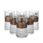 Luxury Fluted Glassware Set (6 Pcs) - Vertical Striped Drinking Glasses with Wooden Style Accent