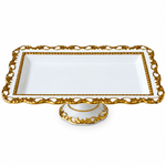 Danny Home Premium White & Gold Line Rectangular Ceramic Footed Tray – Elegant Royal Porcelain Dessert & Appetizer Serving Platter