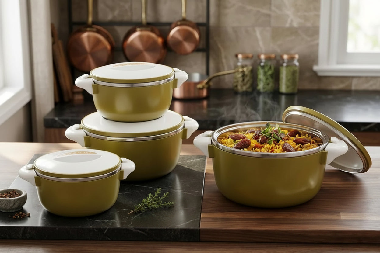 Premium 4-Piece Insulated Hot Pot Set – Olive Green &amp; Ivory