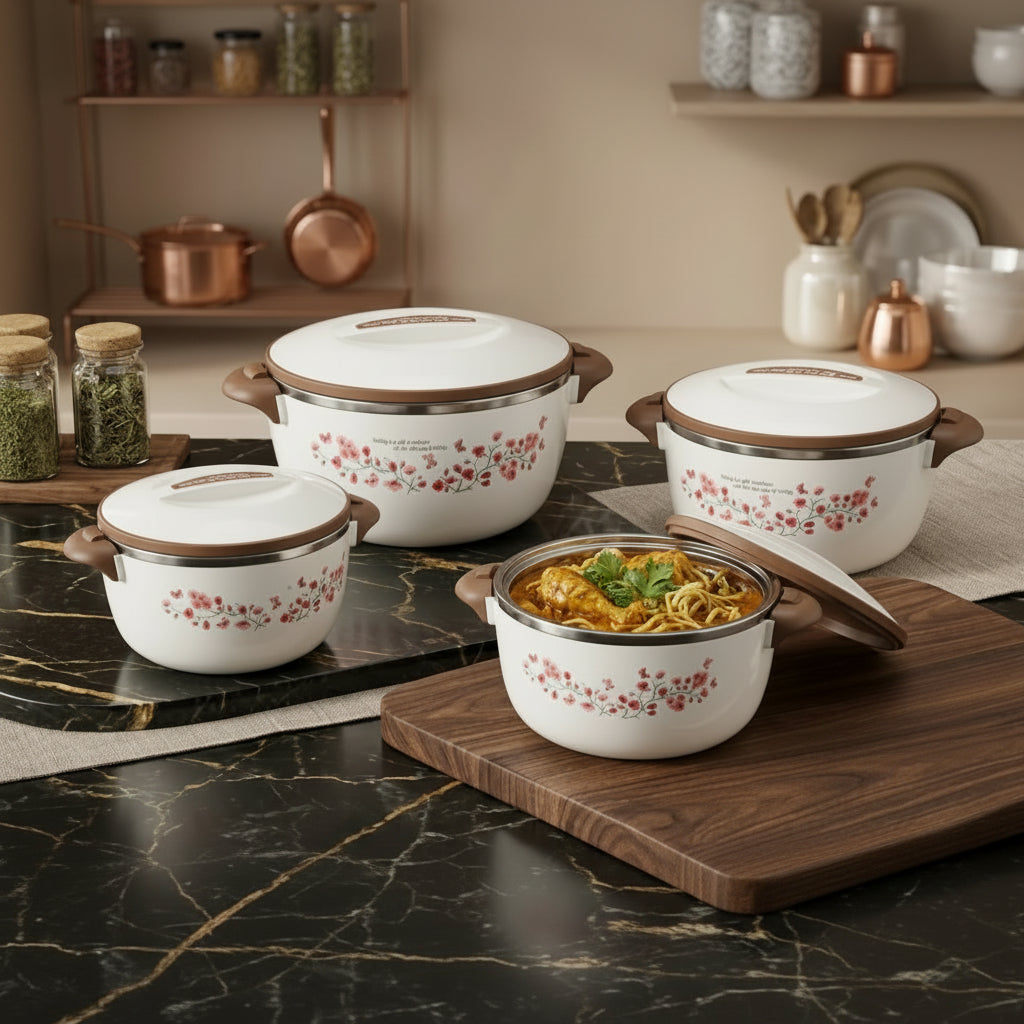 Premium 4-Piece Insulated Hot Pot Set – Warm Ivory &amp; Cherry Blossom