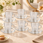 Premium Clear Swirl Fluted Glass Tea & Coffee Cup and Saucer Set – 12-Piece Set