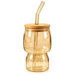 Hourglass Glass Cup with Straw & Bamboo Lid – Modern Wave Iced Coffee Tumbler 400ml   RXG-061