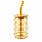 Golden Amber Wavy Glass Cup with Bamboo Lid and Matching Reusable Straw – Aesthetic Iced Coffee Tumbler CG253