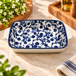 Danny Home 7-Inch Rectangular Ceramic Baking Dish with Handles - Blue Floral Pattern