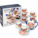 Danny Home 16-Piece Luxury Fine Porcelain Tea Set with Teapot, Sugar Pot, Cups & Saucers Floral Printed High Tea Serving Set in Gift Box