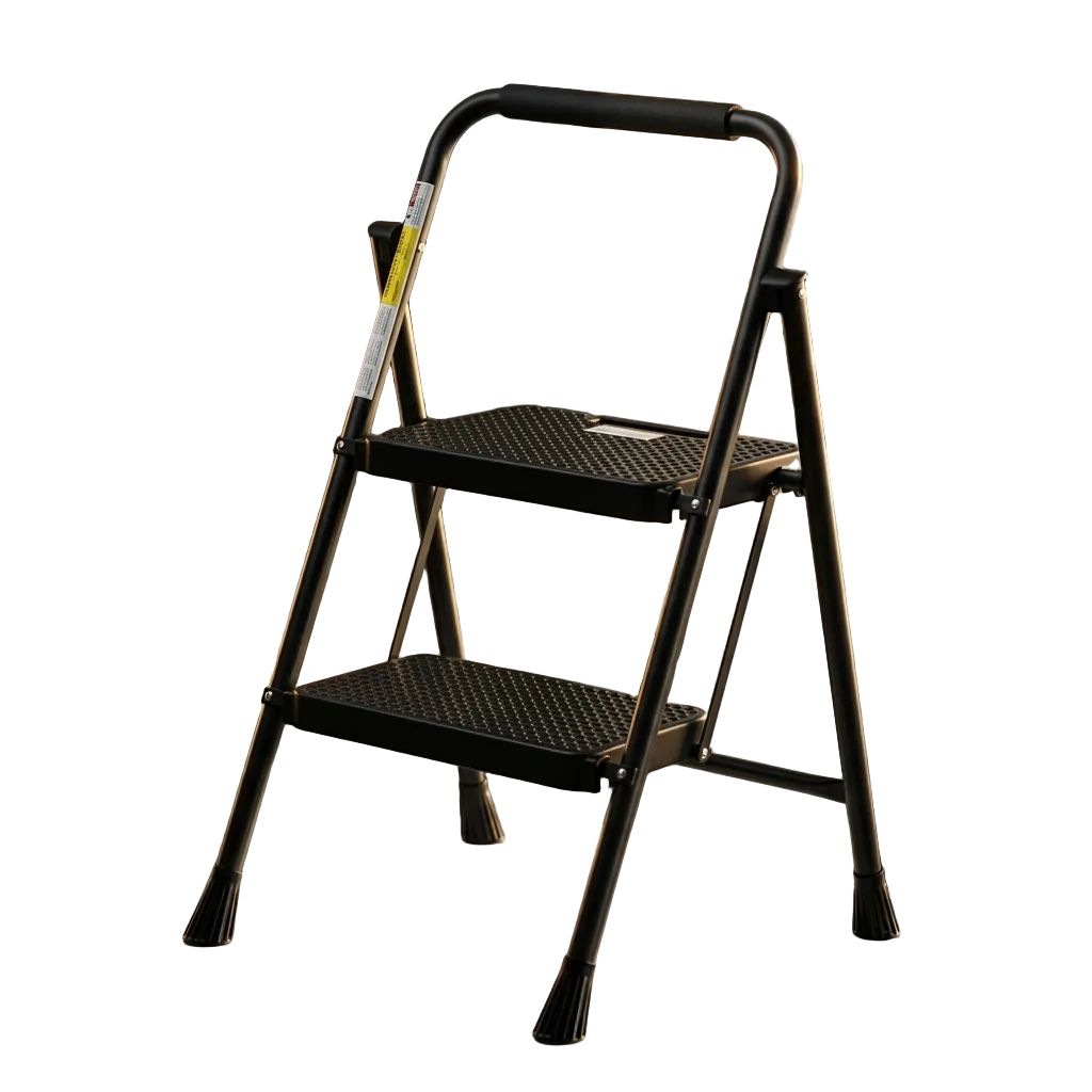 Black step ladder on a marble surface in a kitchen setting