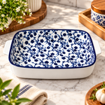 Danny Home Elegant 9" Blue & White Ceramic Rectangular Casserole & Serving Bowl