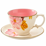 Brilliant Pink Floral Ceramic Tea Cup and Saucer Set 300ml – Gold Rim 2-Piece Teacup Set