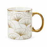 Danny Home 350ml Luxury Porcelain Mug with Gold Handle Elegant Geometric, Botanical, Bee & Gingko Leaf Gold Foil Patterned Coffee & Tea Mug