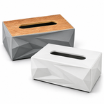 Deluxe Geometric Faceted White Tissue Box Cover with Natural Wooden Top Modern Origami Prism Facial Tissue Holder for Living Room, Office & Vanity