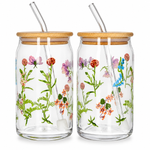 Danny Home  500ml Wildflower Printed Can-Shaped Glass Drinking Cups with Bamboo Lids (2Pcs) set  CB-230