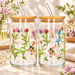 Danny Home  500ml Wildflower Printed Can-Shaped Glass Drinking Cups with Bamboo Lids (2Pcs) set  CB-230