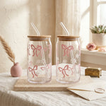 Danny Home Reusable Glass Tumbler Set with Pink Ribbon Print for Smoothies & Boba